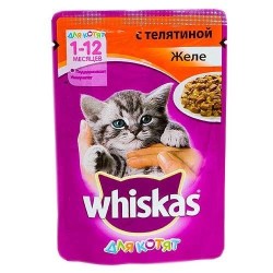 Корм для кошек влажный, Whiskas (Вискас) 85 г для котят 1-12 месяцев желе с телятиной пауч